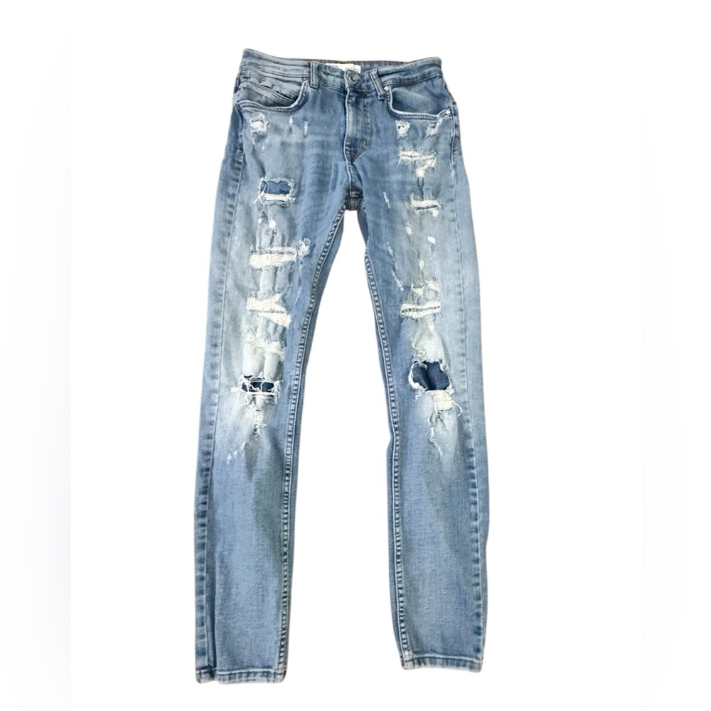 Zara Men Skinny Blue Light Wash Mid Rise Distressed Jeans Size 30